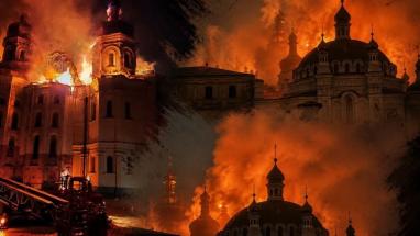 Attēls rakstam: Latvijas baznīcu līderi: Degošais Pečeru klosteris simbolizē Ukrainas ciešanas