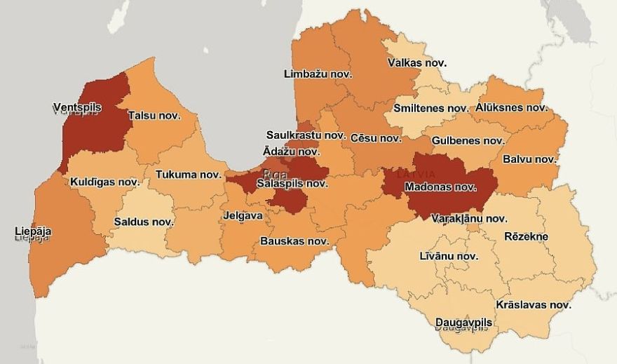 2021.gada izskaņā augstākais saslimstības līmenis ar Covid-19 – Mārupes, Ventspils un Ķekavas novados