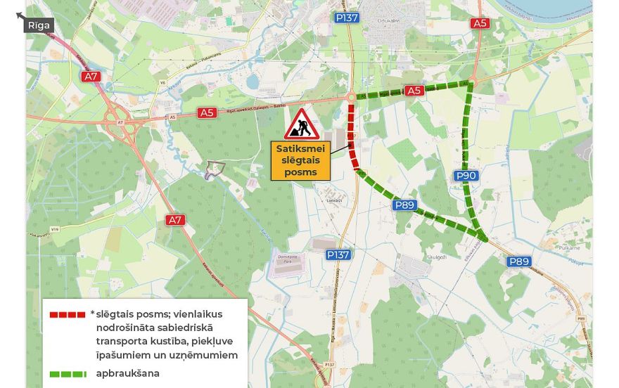 Līdz oktobrim slēdz agrākās Bauskas šosejas posmu no Rīgas apvedceļa līdz pagriezienam uz Baldoni