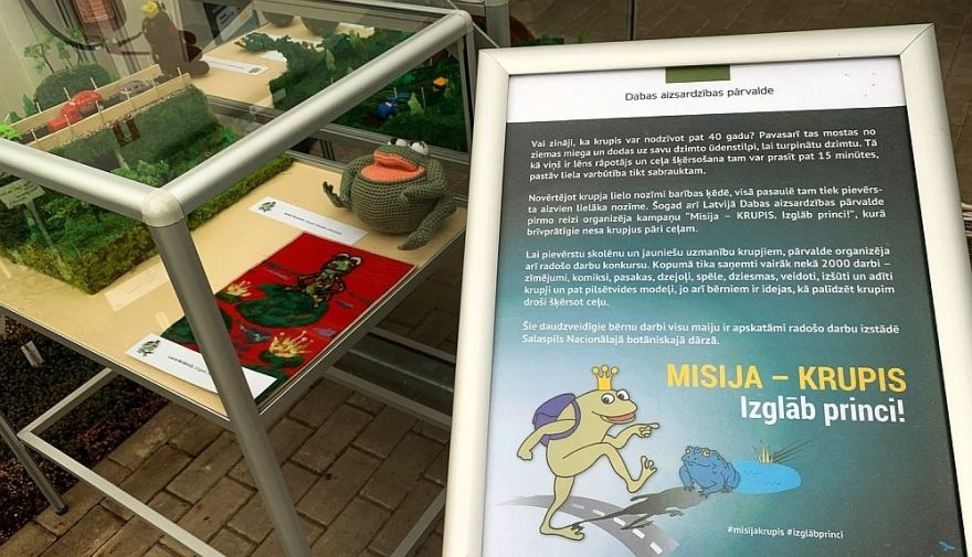 Nacionālajā botāniskajā dārzā Salaspilī apskatāmi krupju aizsardzībai veltītie skolēnu darbi