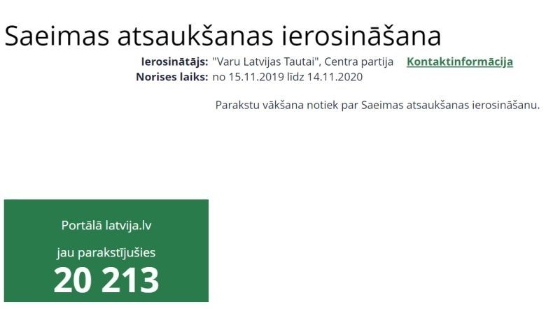 Par Saeimas atsaukšanas ierosināšanu parakstījušies vismaz 20 000 cilvēku