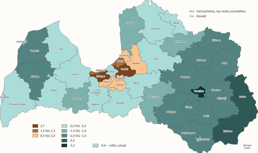 Pērn iedzīvotāju skaita pieaugums – Jūrmalā un astoņos Pierīgas novados