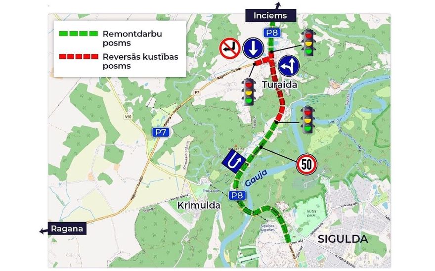 Sakarā ar ceļa remontdarbiem ieviestas izmaiņas satiksmes organizācijā pagriezienā no Turaidas uz Raganu