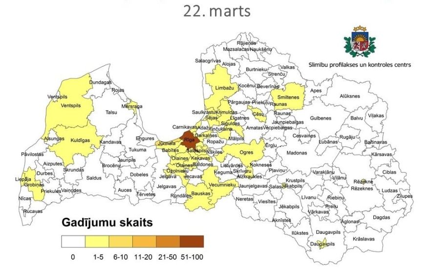 Saslimšana ar Covid-19 Latvijā apstiprināta iedzīvotājiem 30 pašvaldībās
