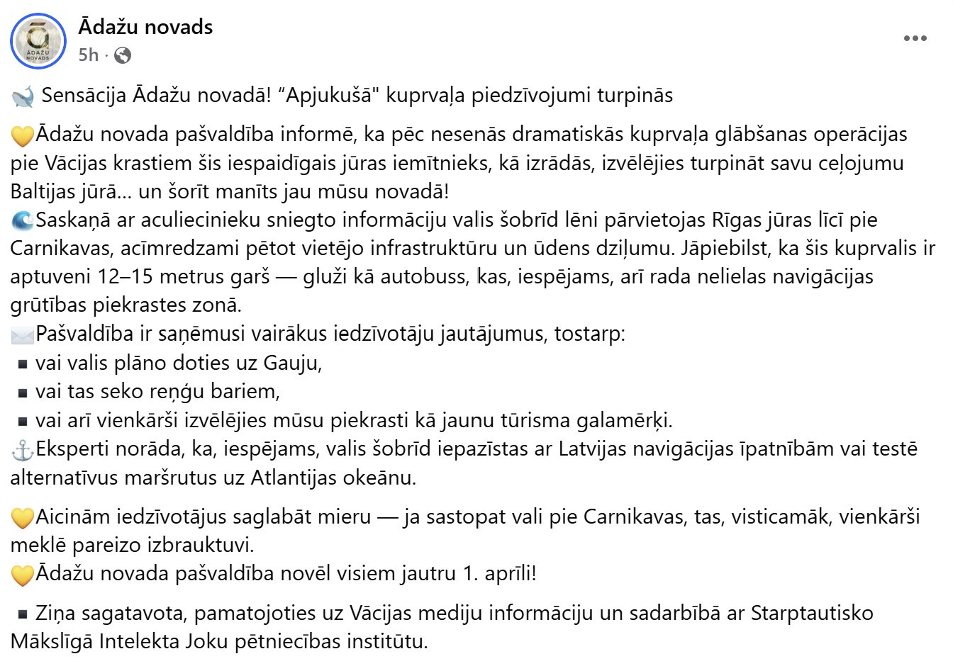 Ekrānuzņēmums no Ādažu novada sociālajiem tīkliem